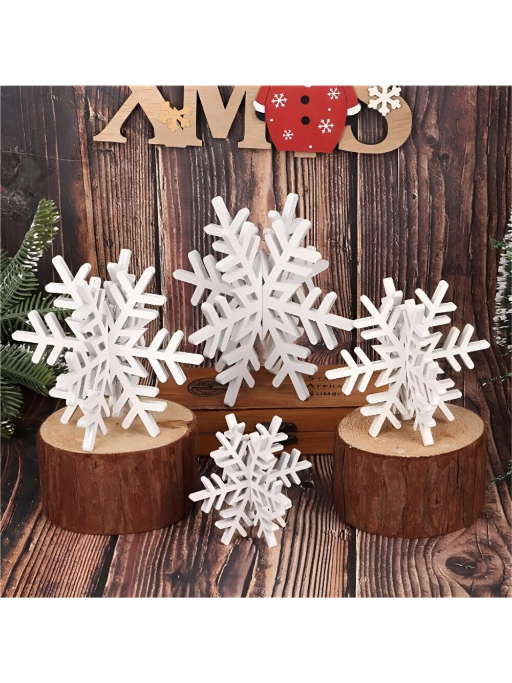 8Pcs Winter Wooden Snowflake, White Glitter 3D Christmas Wood Snowflake Signs